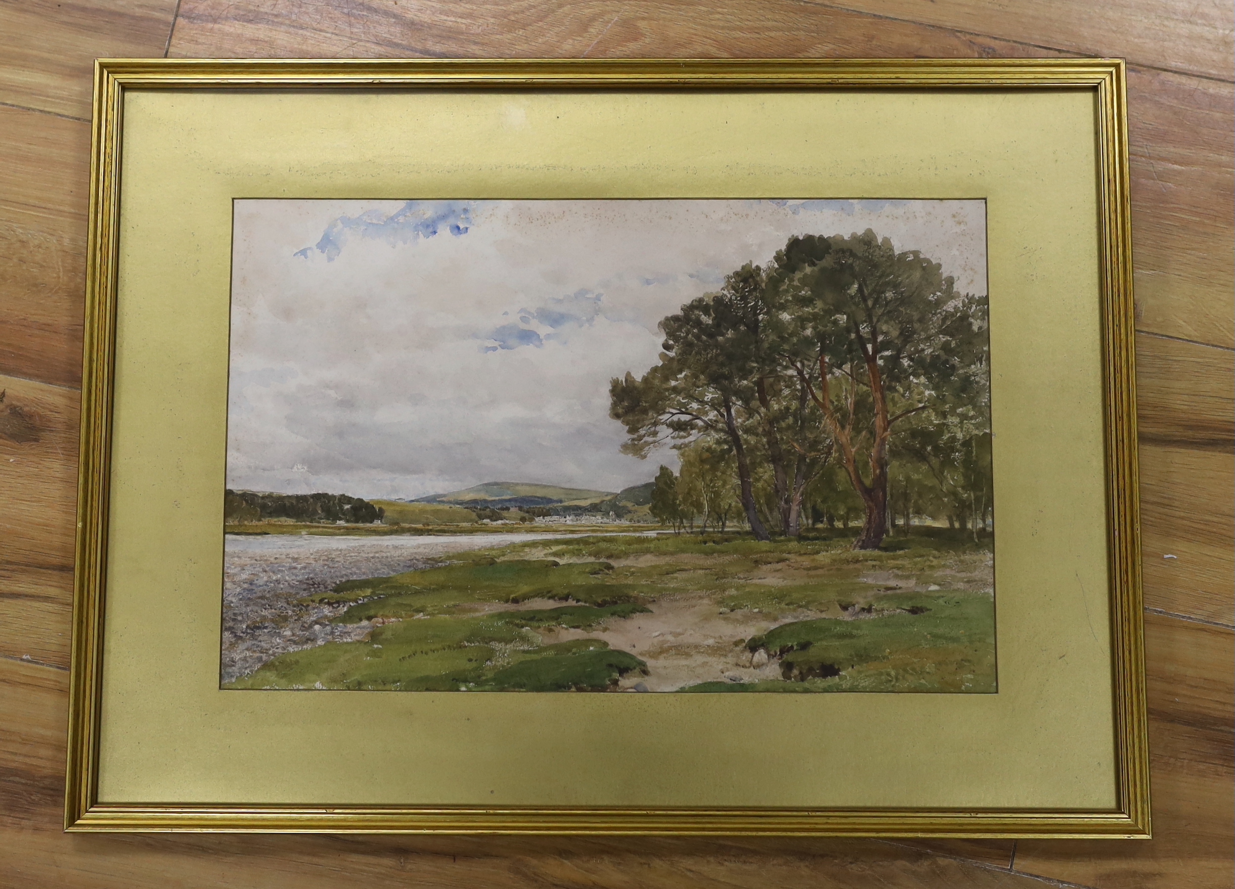 Edmund Morison Wimperis (1835-1900) watercolour, A river bank, unsigned, inscribed in ink and 1420AG Christie's stencil verso, 29 x 43cm